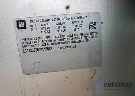 2018 Chevrolet Impala Premier из США, поврежденный, VIN 2G1125S35J9116653